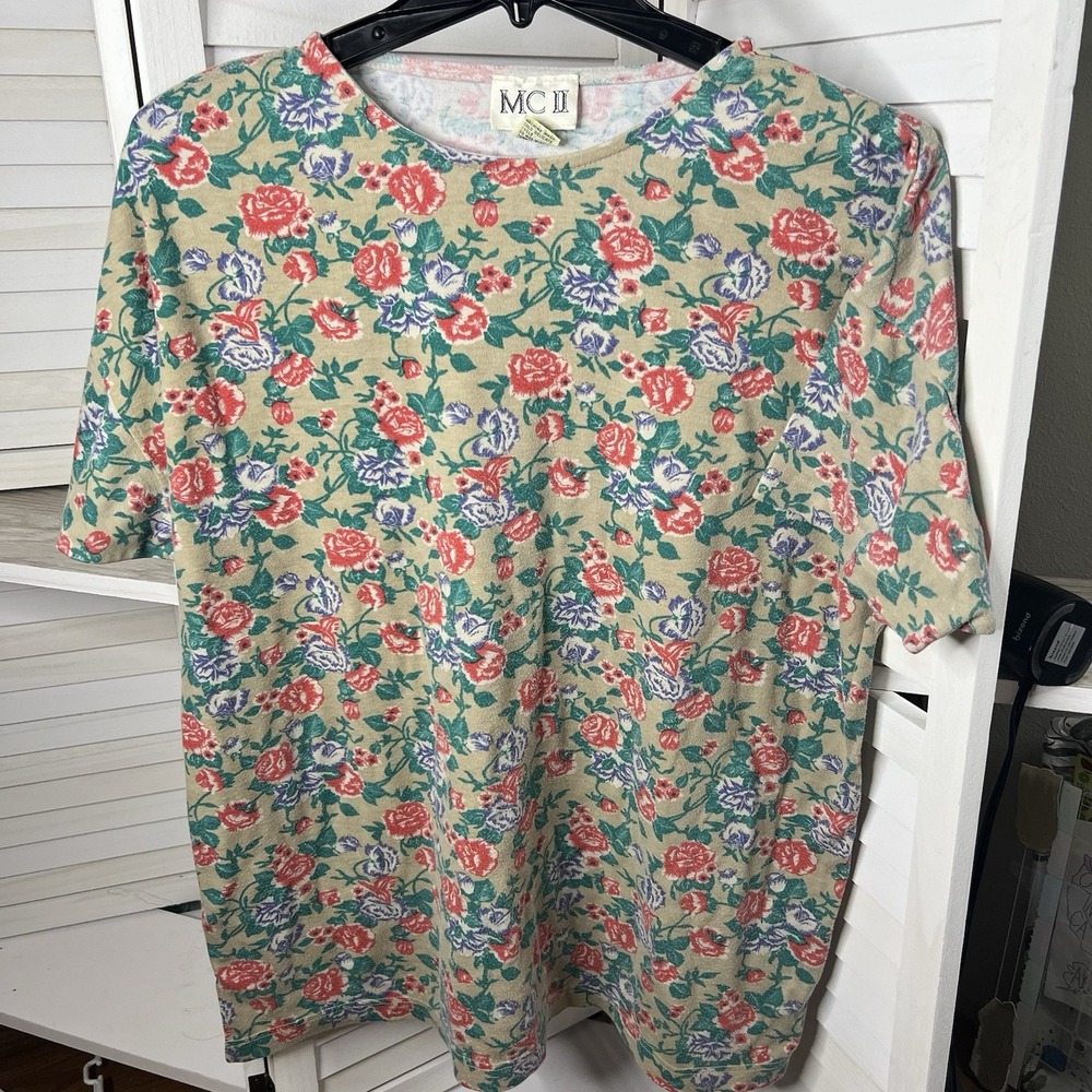 Rare Vintage MC II Women's Floral T-Shirt 2X Red Purple Green Rose‎ Print **READ